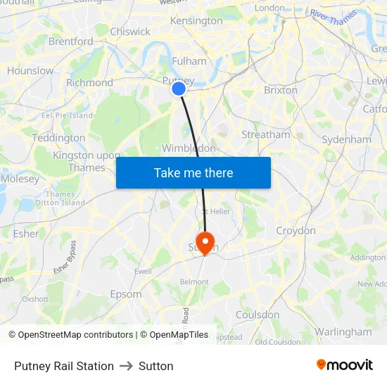 Putney Rail Station to Sutton map