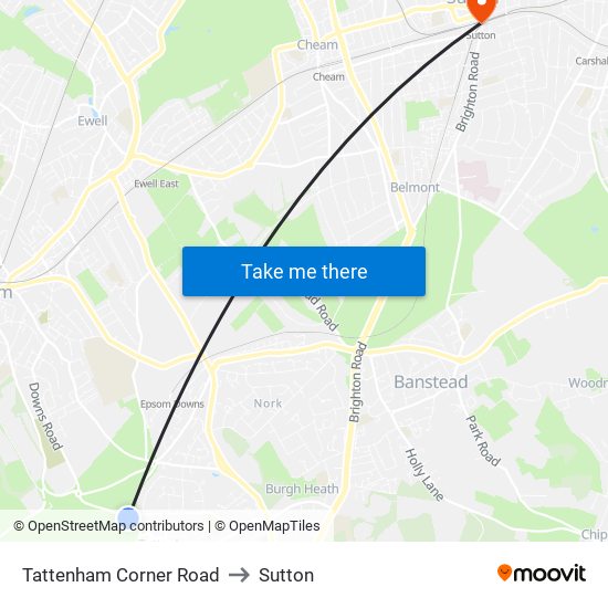 Tattenham Corner Road to Sutton map