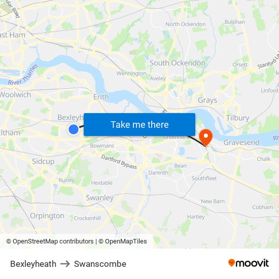 Bexleyheath to Swanscombe map