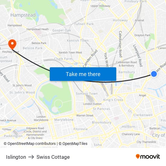 Islington to Swiss Cottage map