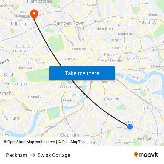 Peckham to Swiss Cottage map