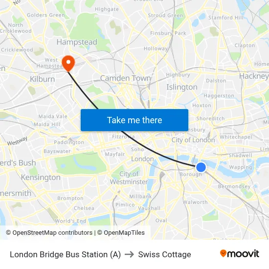 London Bridge Bus Station (A) to Swiss Cottage map