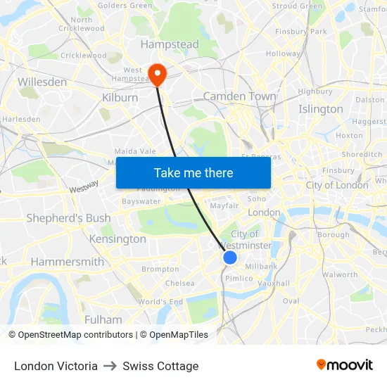 London Victoria to Swiss Cottage map