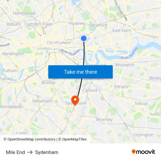 Mile End to Sydenham map