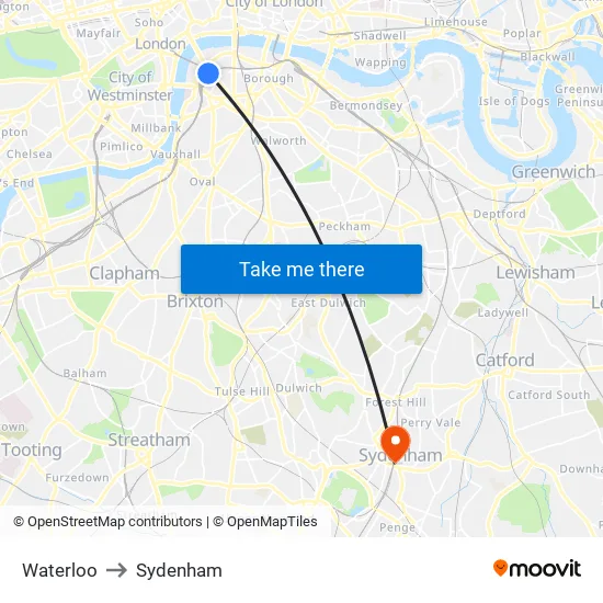 Waterloo to Sydenham map