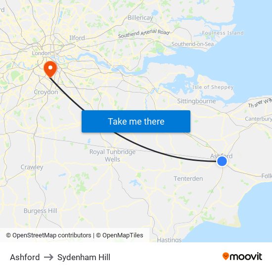 Ashford to Sydenham Hill map
