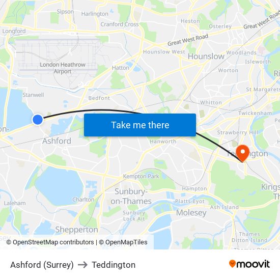 Ashford (Surrey) to Teddington map