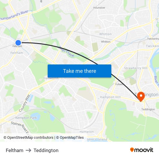 Feltham to Teddington map