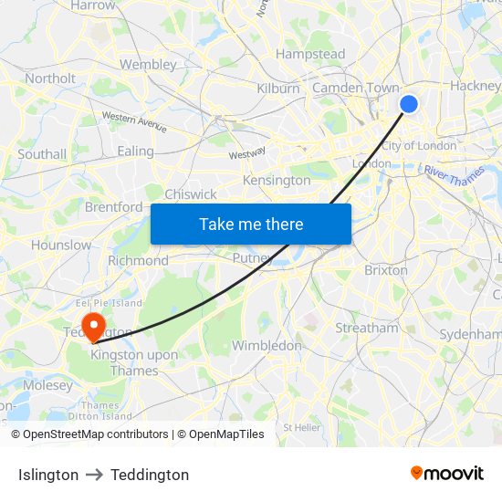 Islington to Teddington map