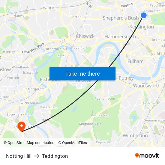 Notting Hill to Teddington map