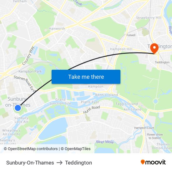 Sunbury-On-Thames to Teddington map