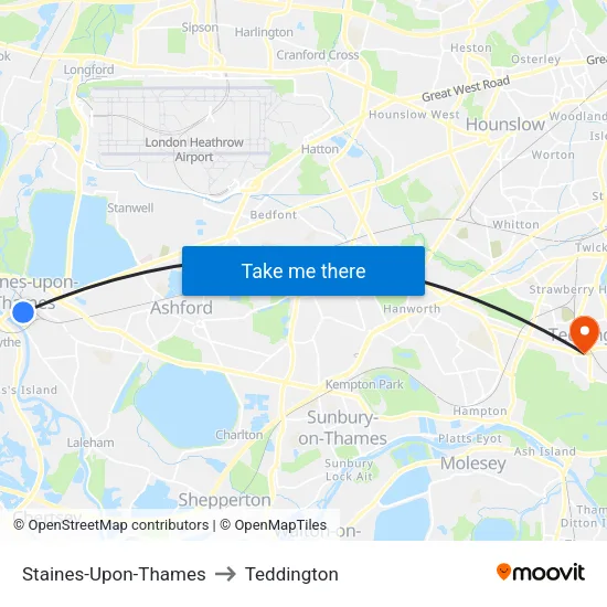 Staines-Upon-Thames to Teddington map