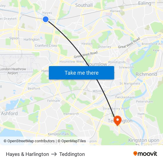 Hayes & Harlington to Teddington map