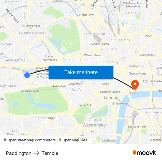 Paddington to Temple map