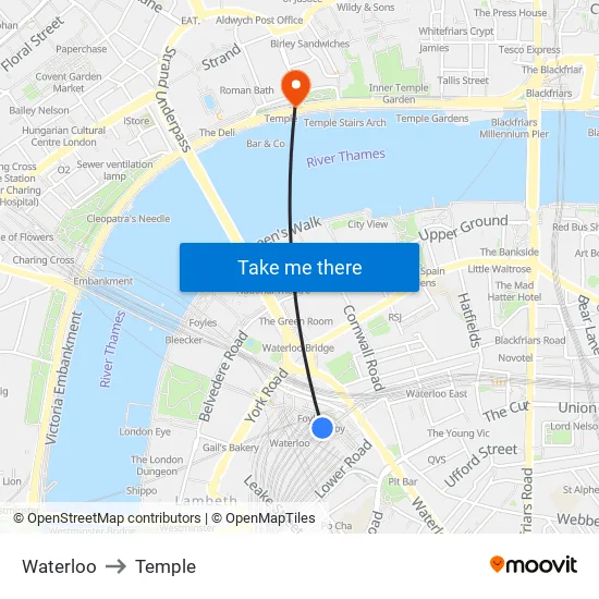 Waterloo to Temple map