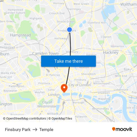 Finsbury Park to Temple map