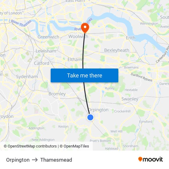 Orpington to Thamesmead map