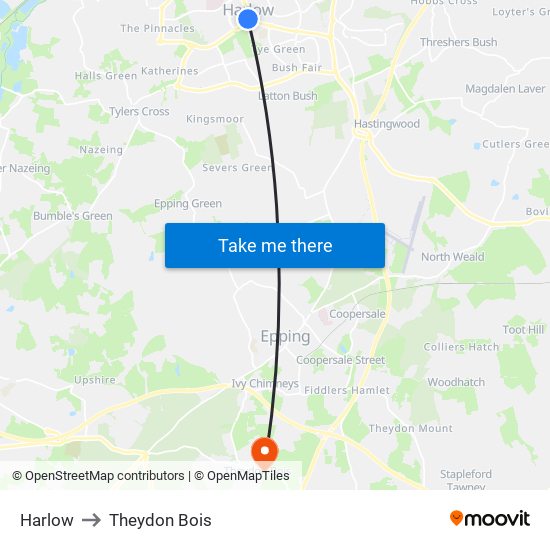 Harlow to Theydon Bois map
