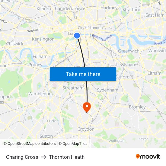 Charing Cross to Thornton Heath map
