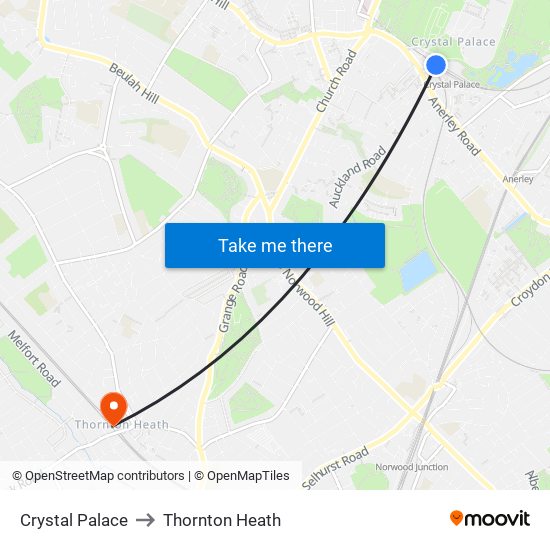 Crystal Palace to Thornton Heath map