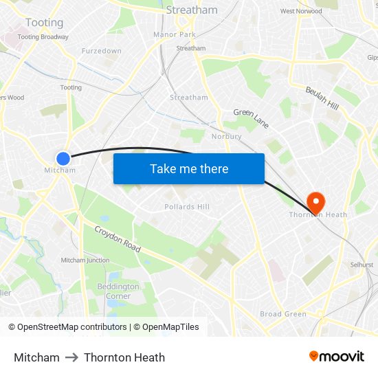 Mitcham to Thornton Heath map