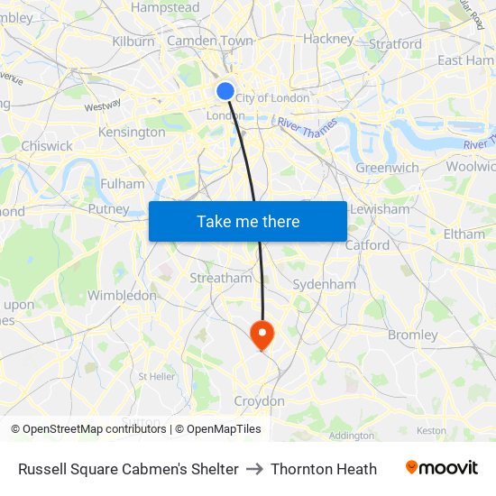 Russell Square Cabmen's Shelter to Thornton Heath map