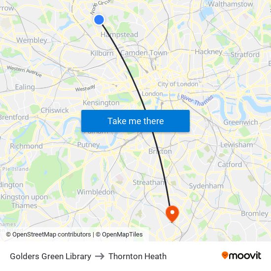 Golders Green Library to Thornton Heath map