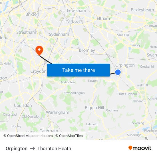 Orpington to Thornton Heath map