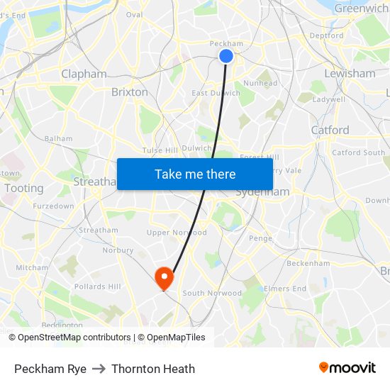 Peckham Rye to Thornton Heath map