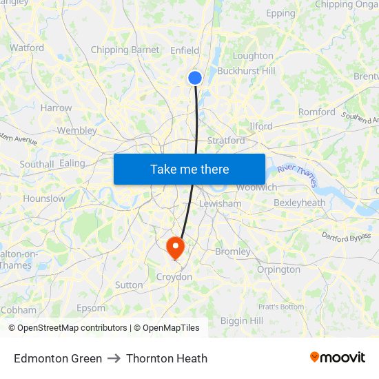 Edmonton Green to Thornton Heath map