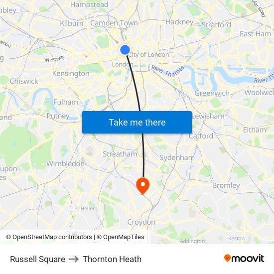 Russell Square to Thornton Heath map