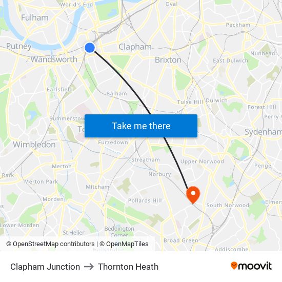 Clapham Junction to Thornton Heath map