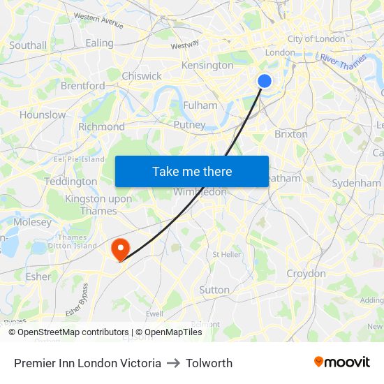 Premier Inn London Victoria to Tolworth map