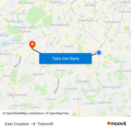 East Croydon to Tolworth map
