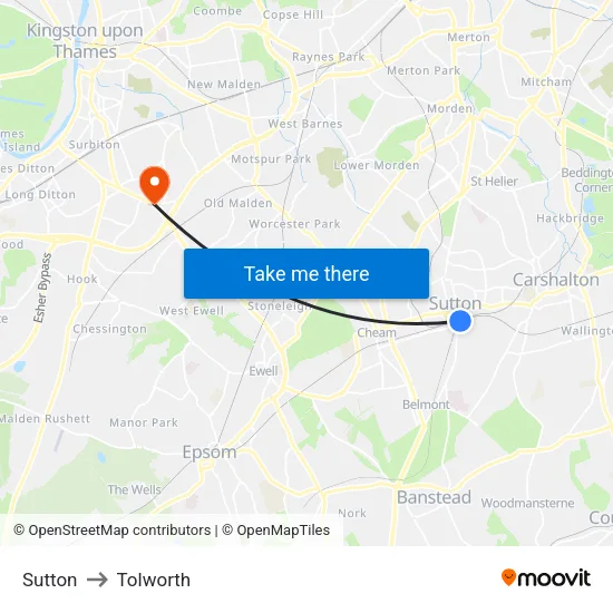 Sutton to Tolworth map