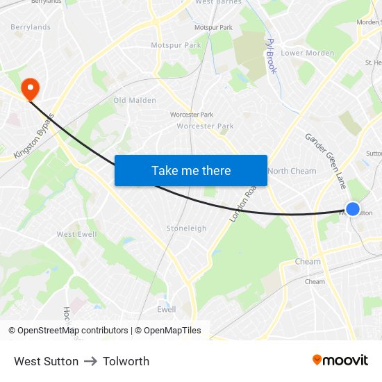West Sutton to Tolworth map