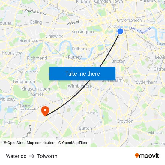 Waterloo to Tolworth map