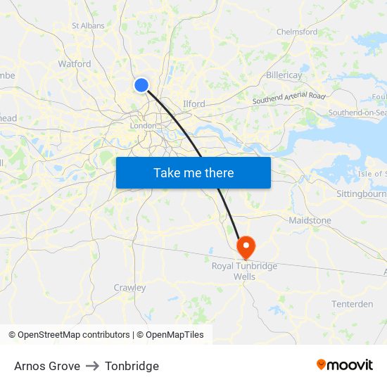 Arnos Grove to Tonbridge map