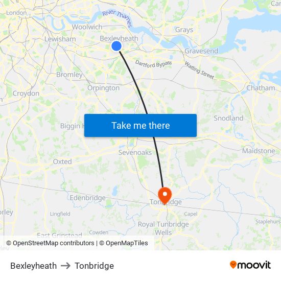 Bexleyheath to Tonbridge map