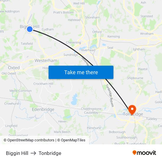 Biggin Hill to Tonbridge map