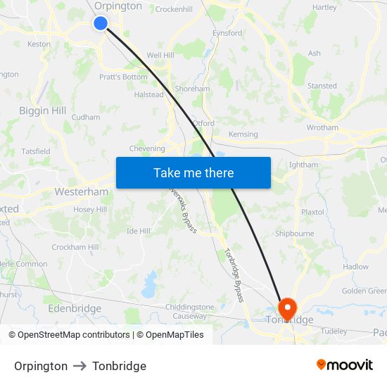 Orpington to Tonbridge map