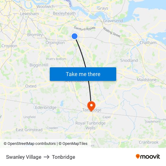 Swanley Village to Tonbridge map