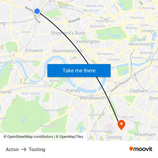 Acton to Tooting map