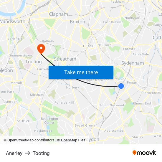 Anerley to Tooting map