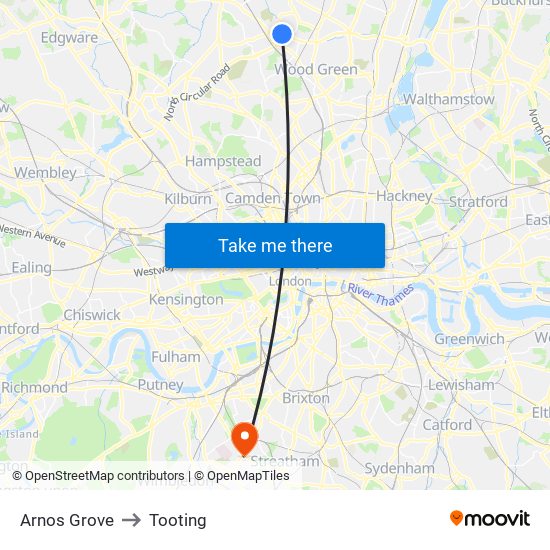 Arnos Grove to Tooting map