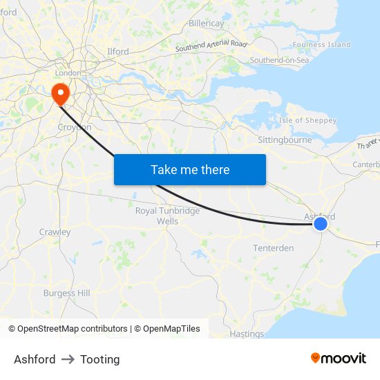 Ashford to Tooting map