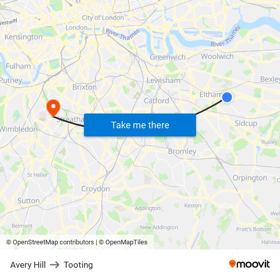 Avery Hill to Tooting map