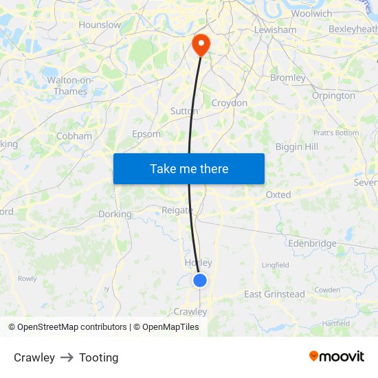 Crawley to Tooting map