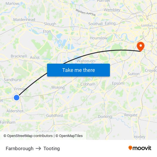 Farnborough to Tooting map