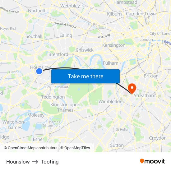 Hounslow to Tooting map